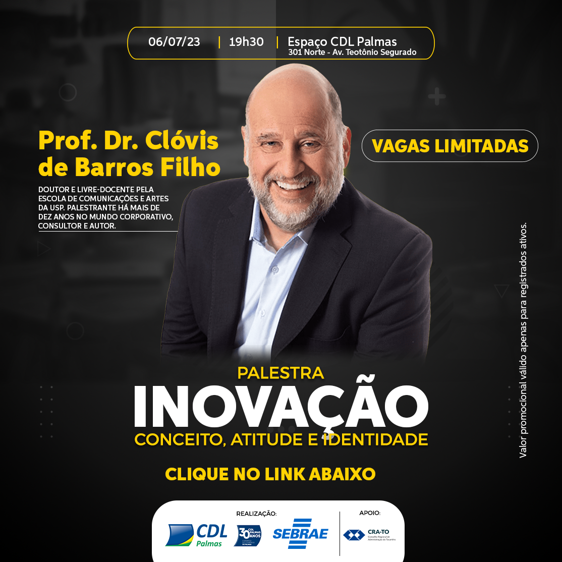 Leia mais sobre o artigo Evento Imperdível: Palestra de Clóvis de Barros Filho com Desconto Exclusivo para Profissionais Registrados no CRA-TO!